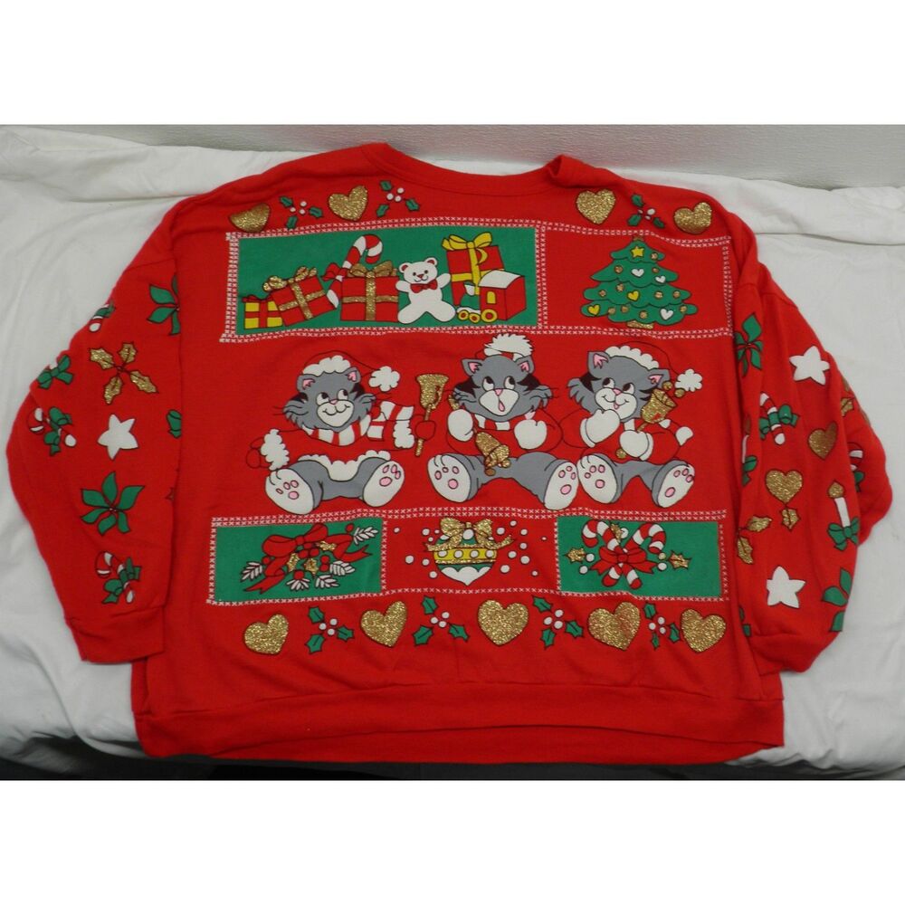 Vtg Ugly Christmas Sweater Womens  Crewneck Cats Bells All Over Print USA